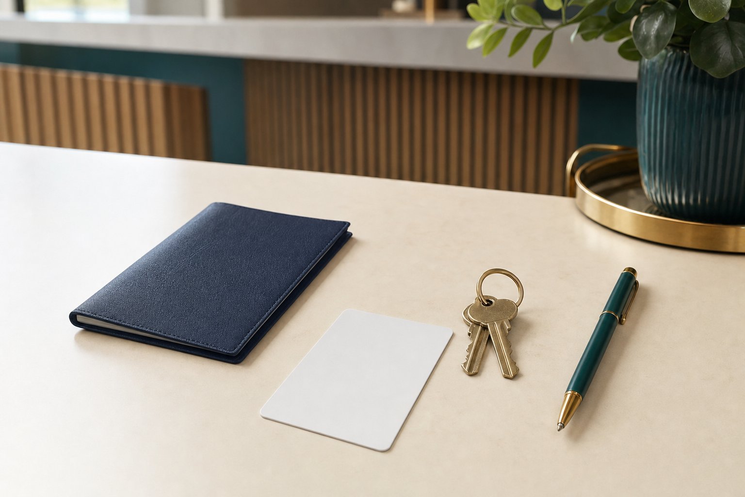 Closed navy appointment booklet, blank identification card, keys, and pen on a warm ivory reception desk