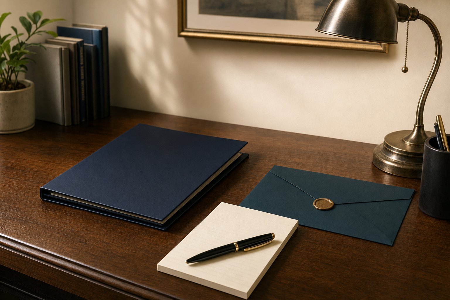 Closed navy document folder, sealed envelope, and blank notepad on a discreet professional desk