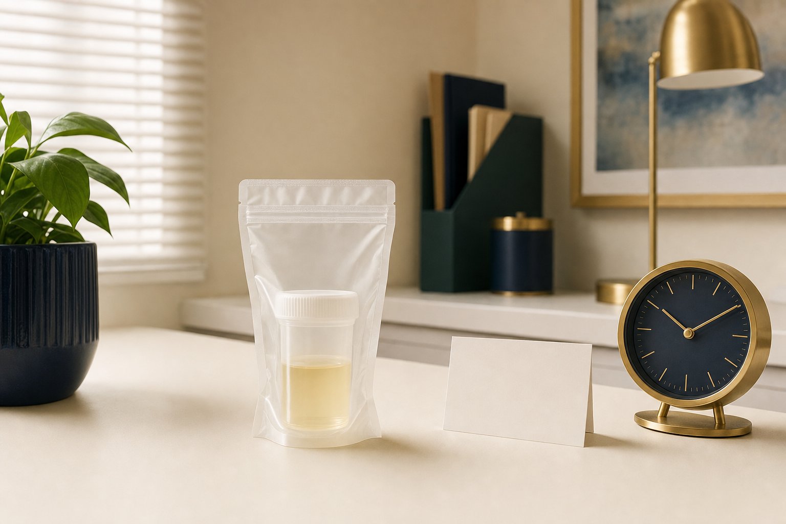 Sealed specimen pouch, blank appointment card, and analog clock on a warm ivory desk
