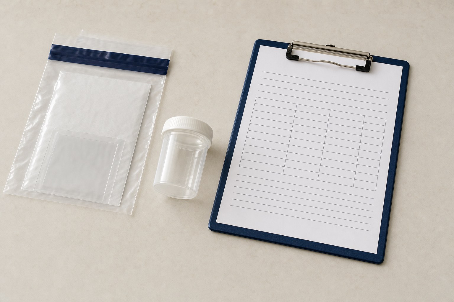 Unbranded specimen cup, collection pouch, and blank clipboard arranged on a clean work surface