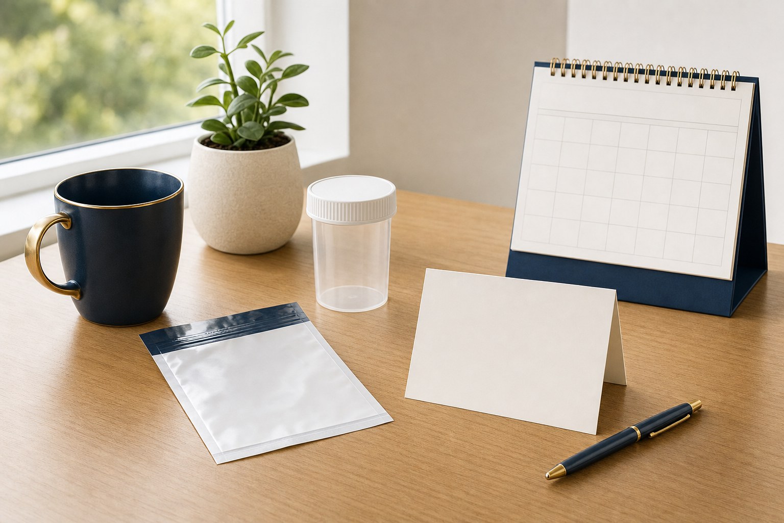 Blank appointment card, unbranded collection pouch, and desk calendar prepared for a testing visit