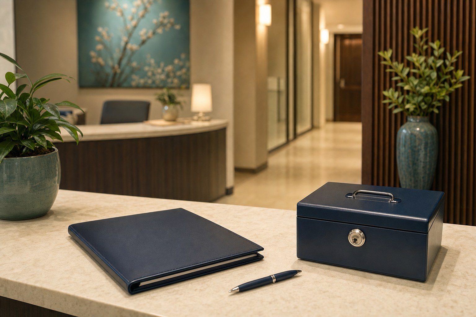 Private reception counter with a closed document folder, secure lockbox, and pen