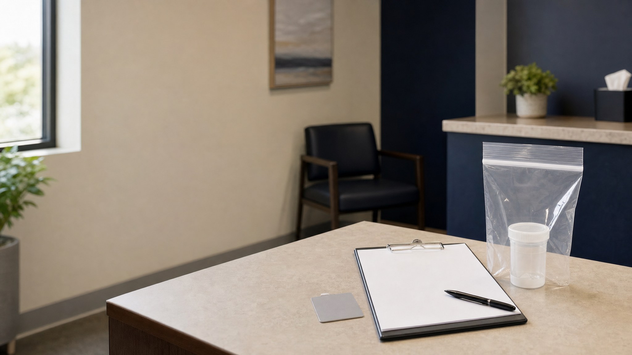 Private screening office with unbranded collection supplies prepared for an appointment