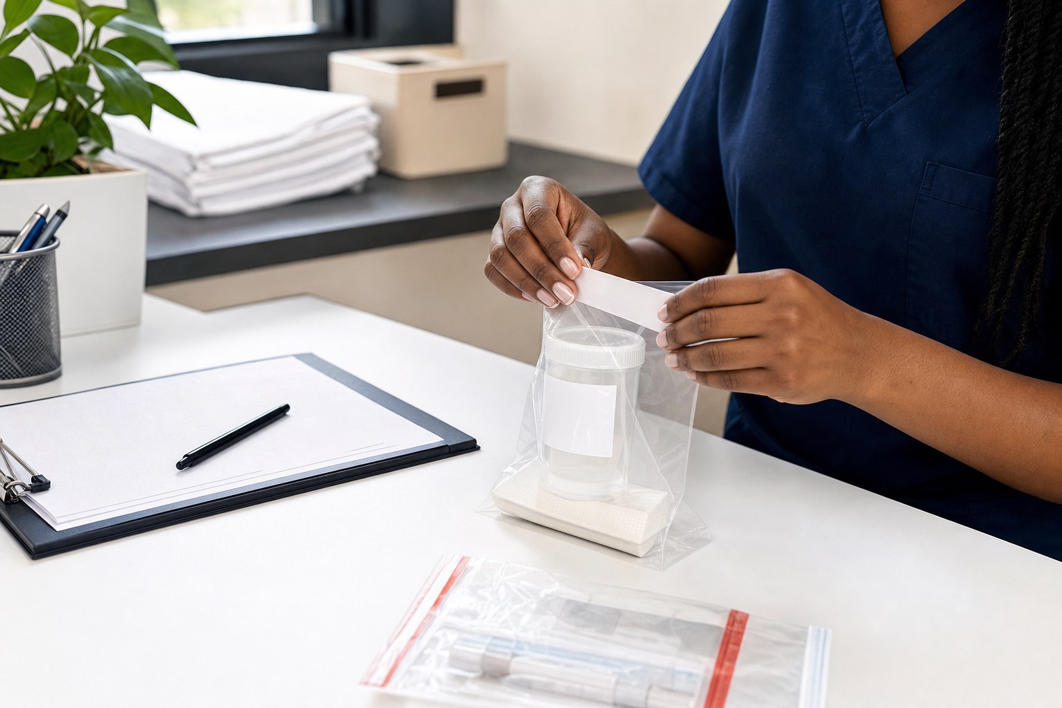 Professional preparing a specimen collection kit