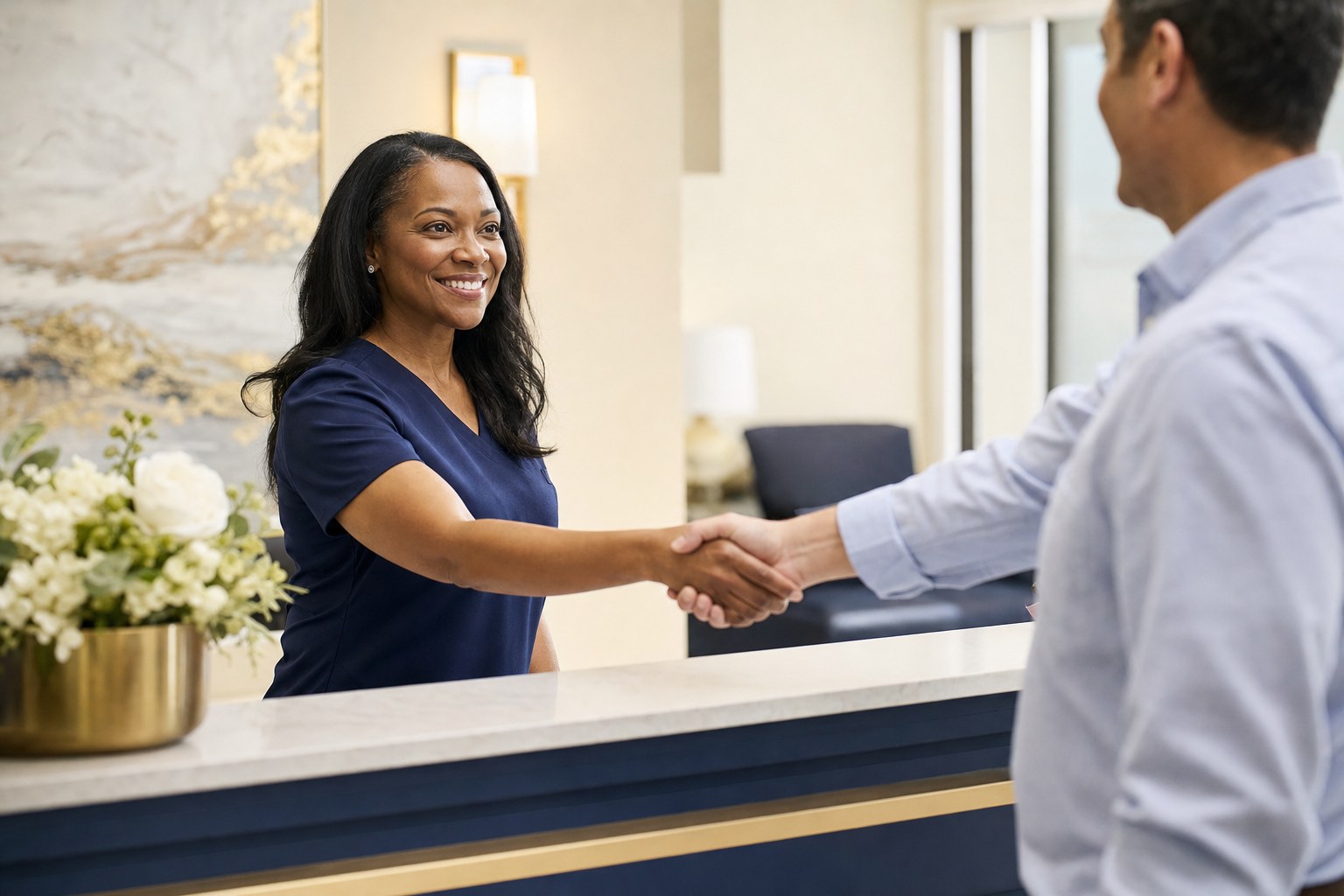 Testing professional greeting a client in a private screening setting
