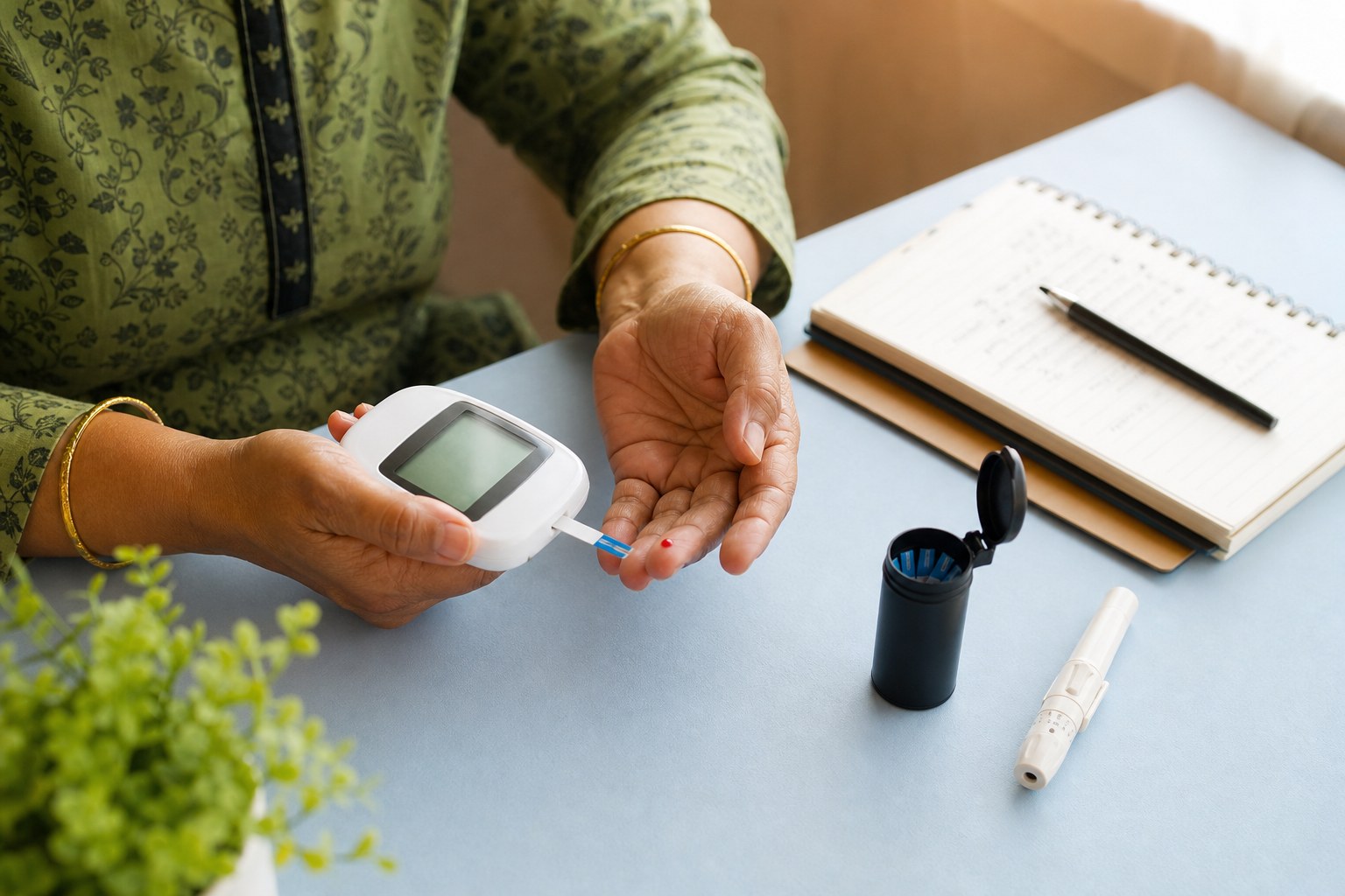 Person checking a home blood sugar meter beside a logbook