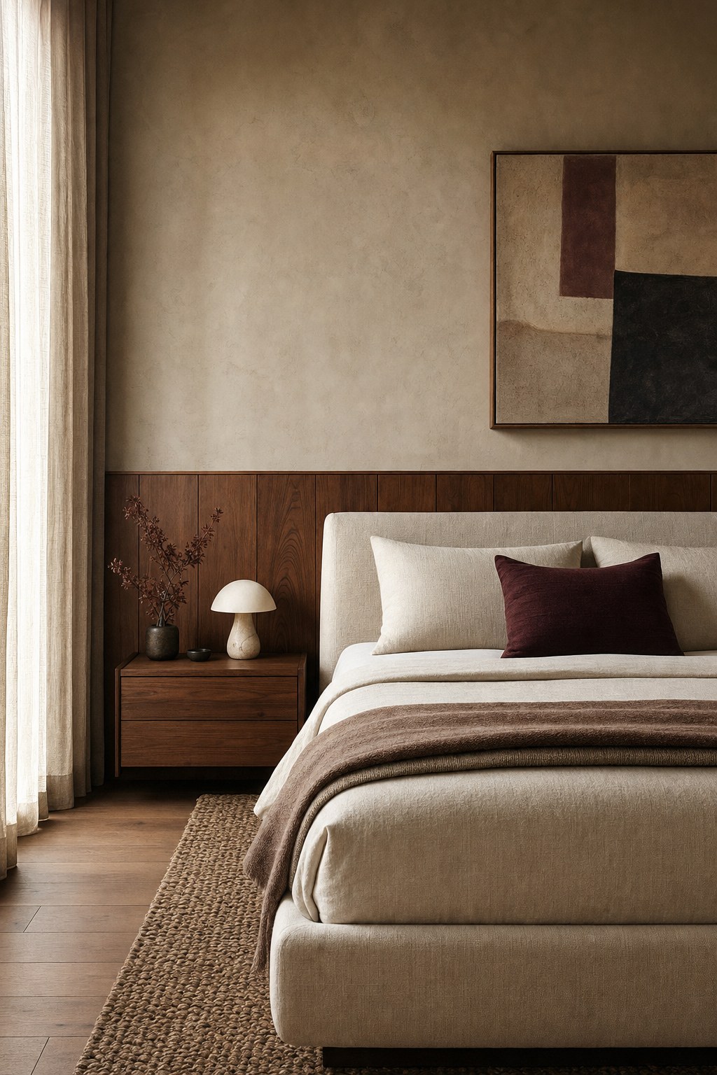 Serene bedroom with linen bed, walnut paneling, and plum accent