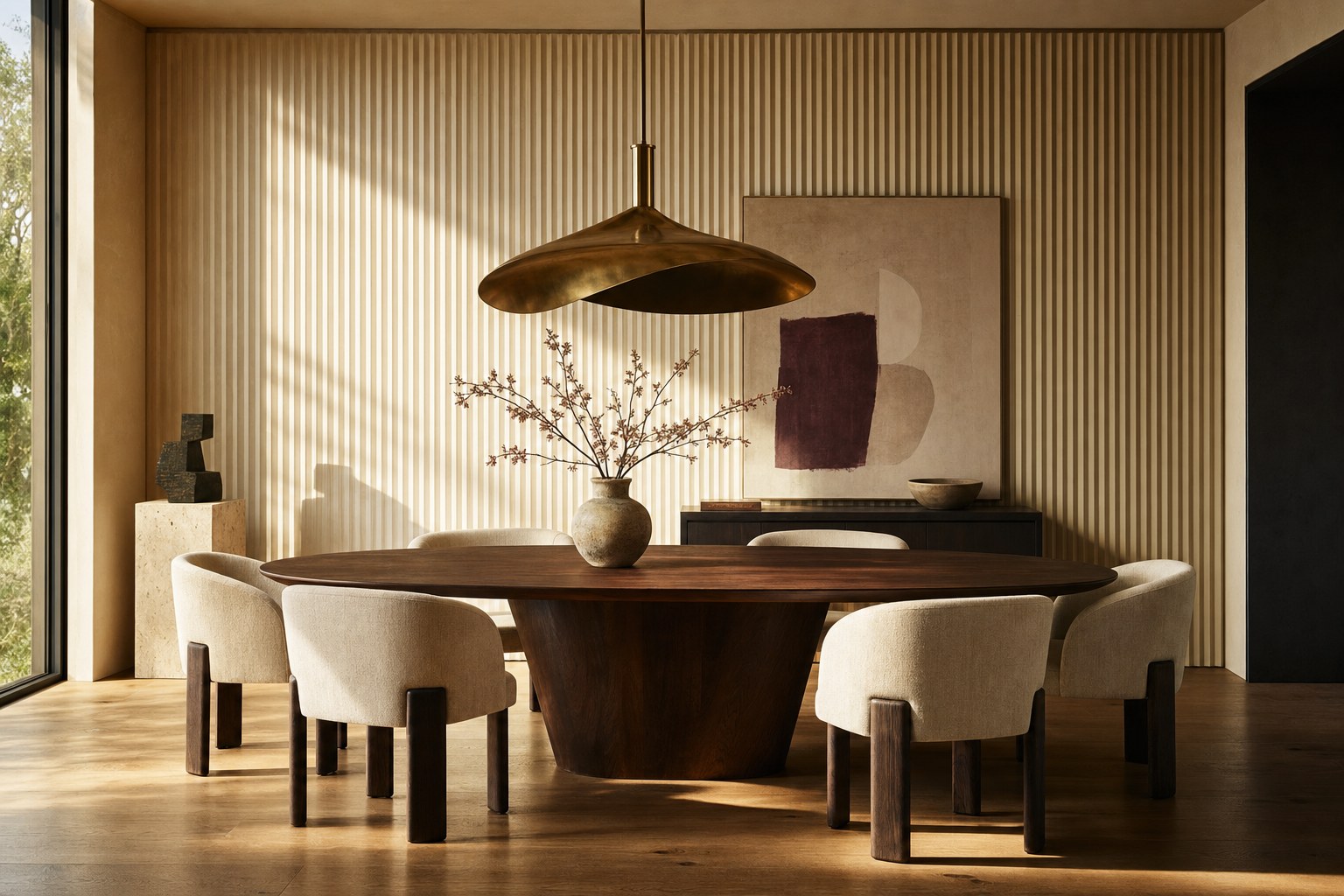 Warm dining room with dark wood table and sculptural brass pendant