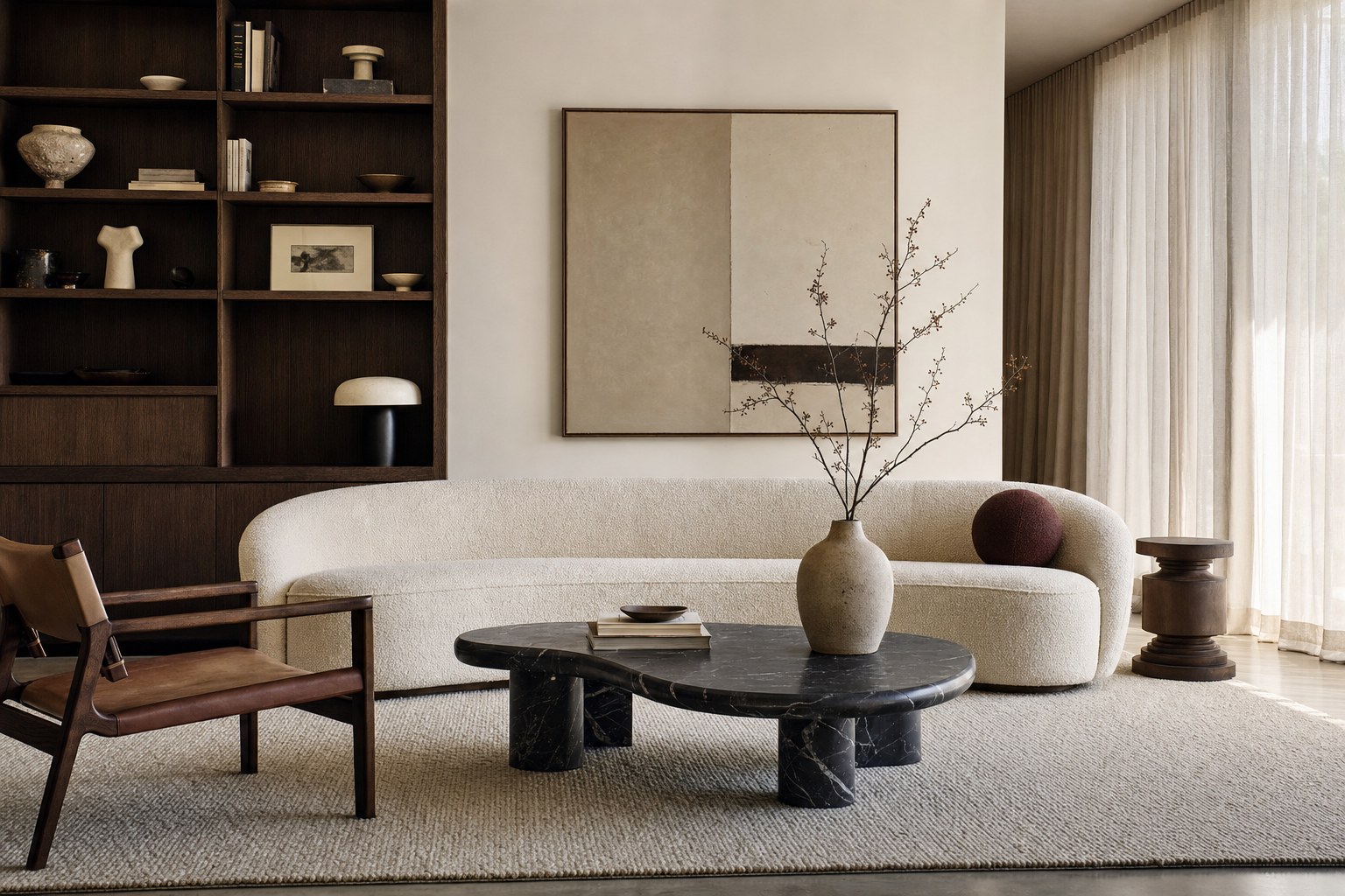 Warm contemporary living room with walnut shelving and a curved cream sofa
