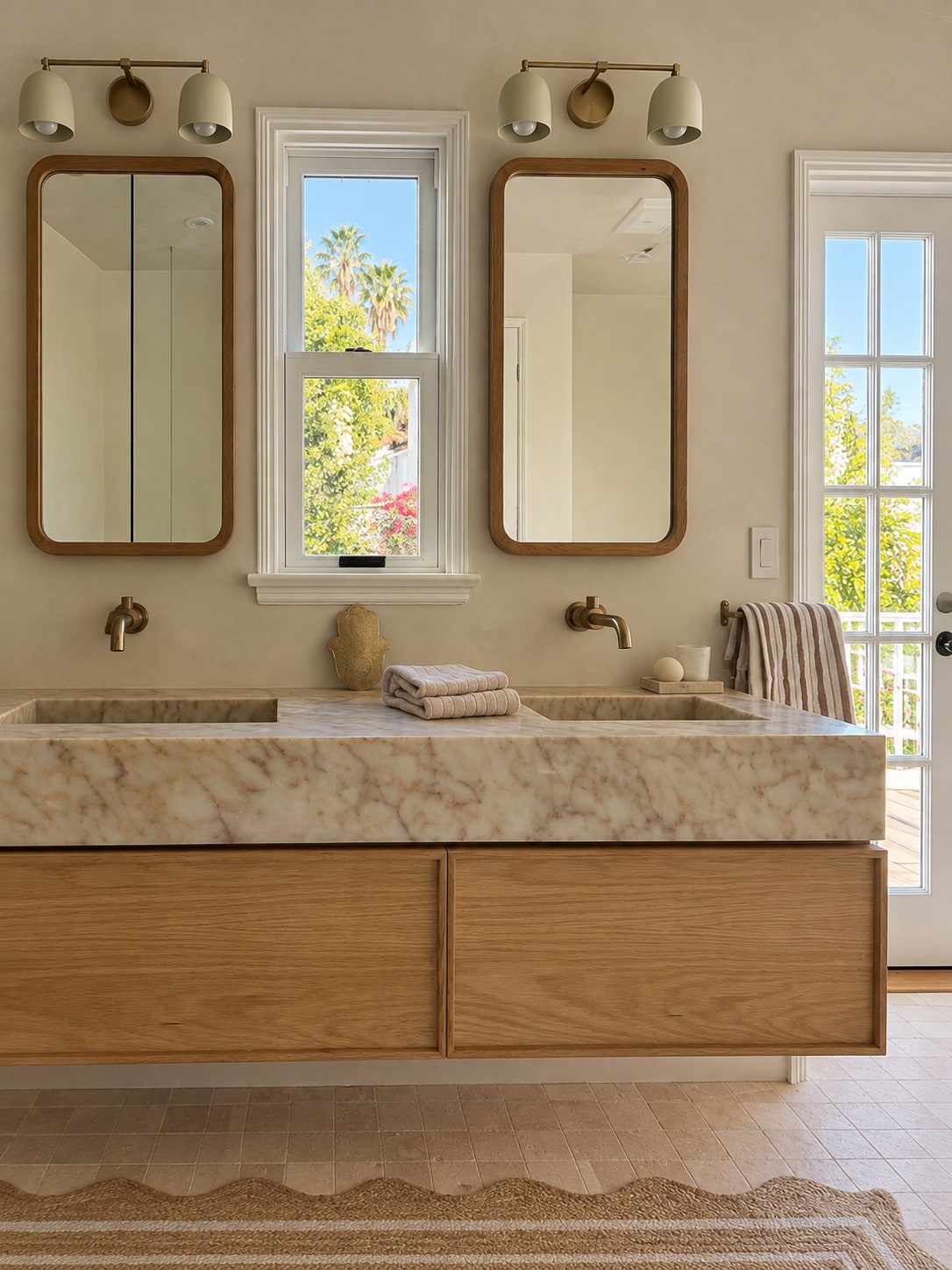 Tailored bathroom with warm walnut cabinetry, stone, and sculptural lighting