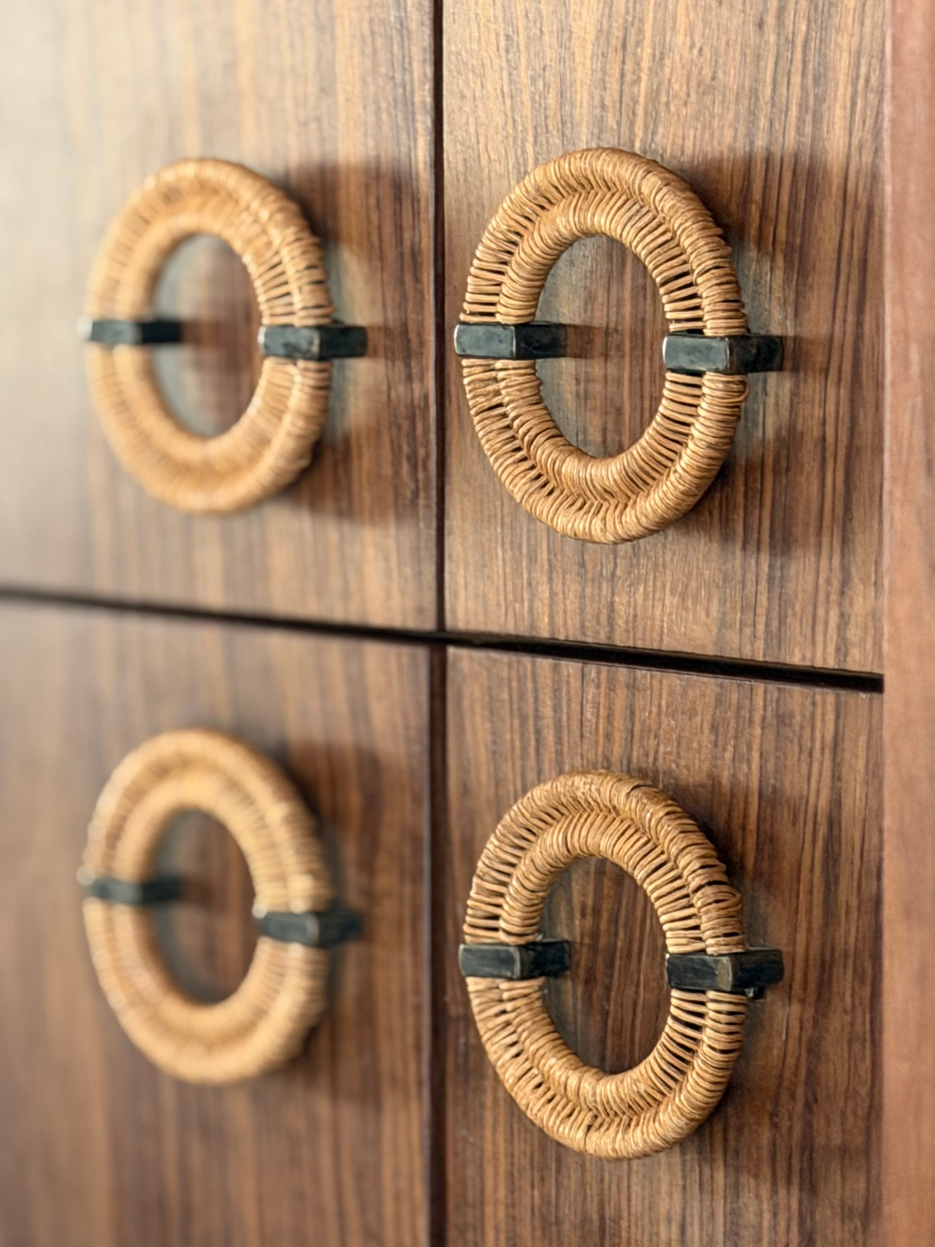 Woven hardware on custom walnut cabinetry in the Hollywood Hills Residence