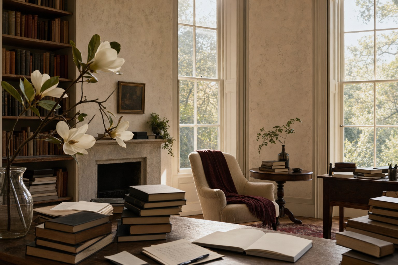 Quiet literary writing room with books, manuscript pages, and magnolia branches