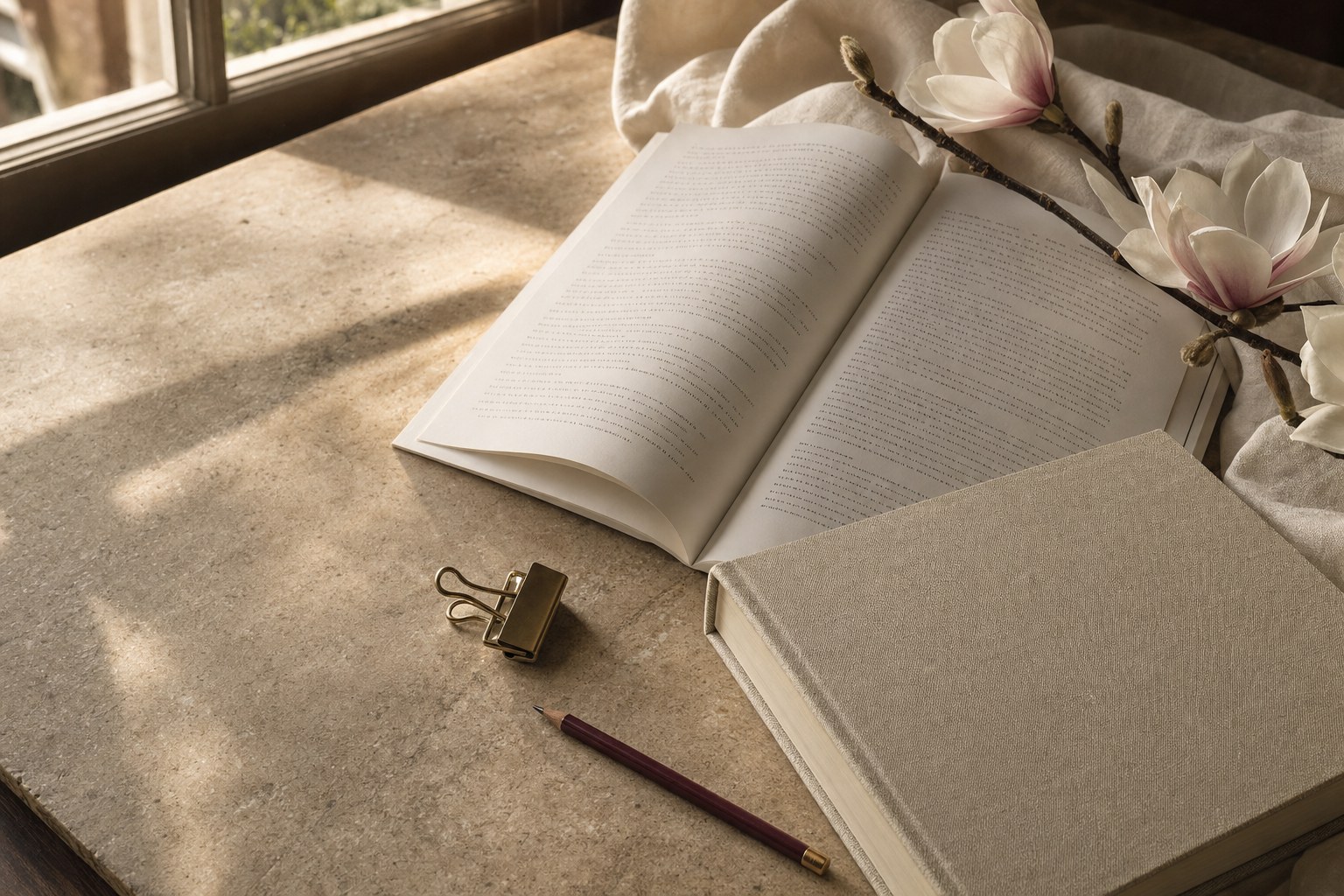 Manuscript pages, a linen-bound book, magnolia blossoms and an editing pencil on a sunlit desk