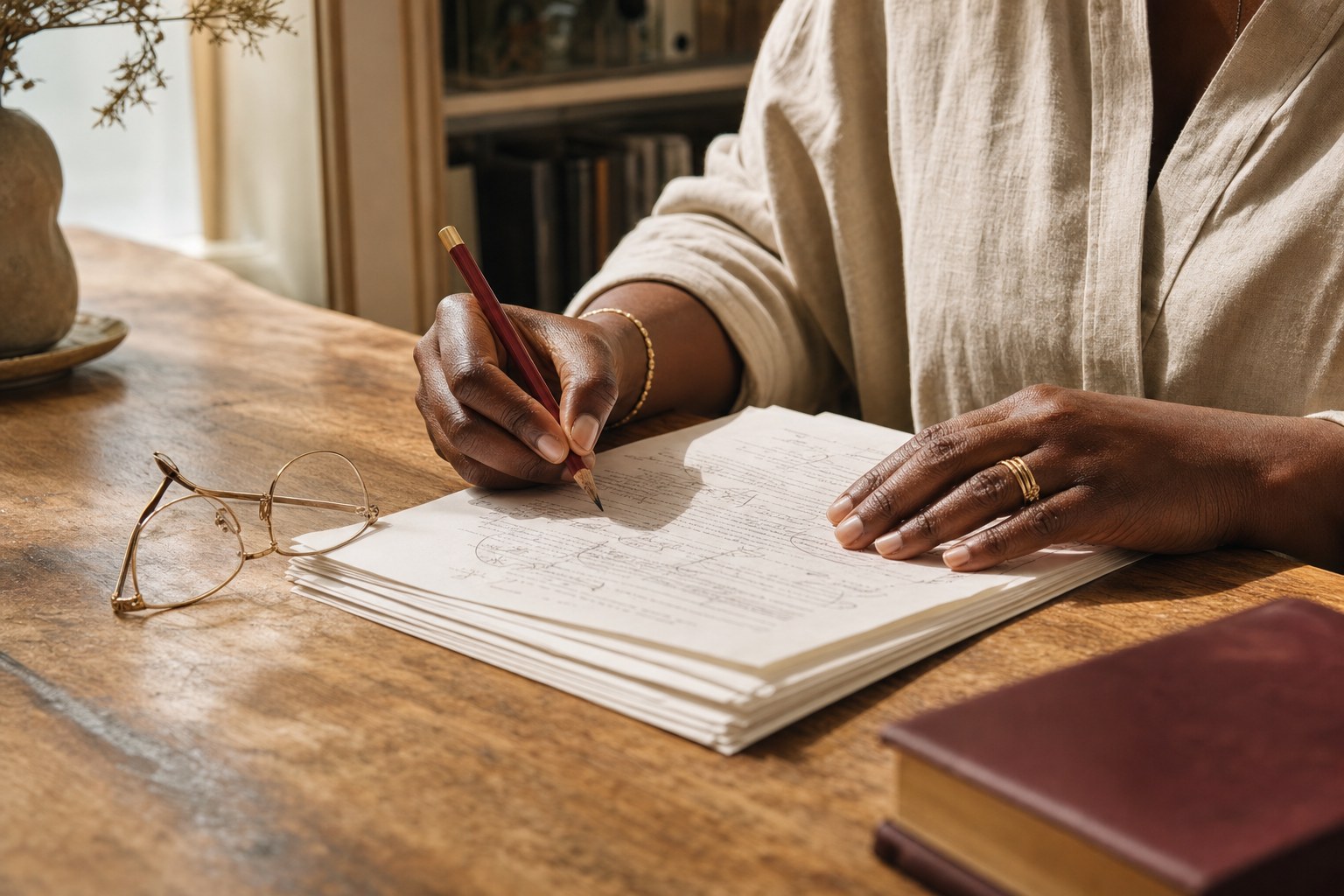 An author reviewing manuscript pages with a burgundy editing pencil