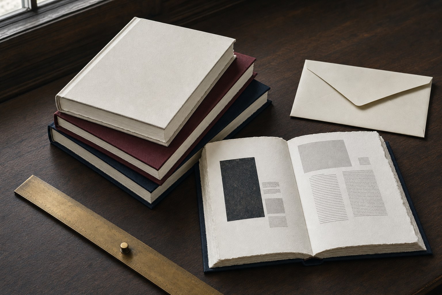 Blank hardcover book prototypes and an open interior book layout on a walnut desk