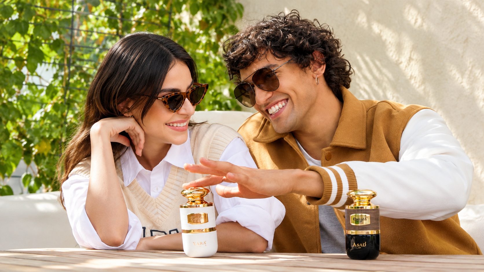 A couple sharing a sunlit moment with Yara and Asad fragrances