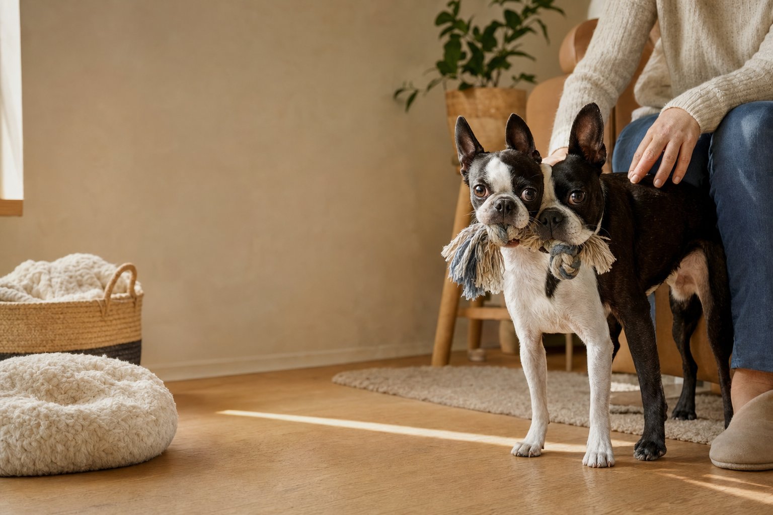 A happy dog at home with their person
