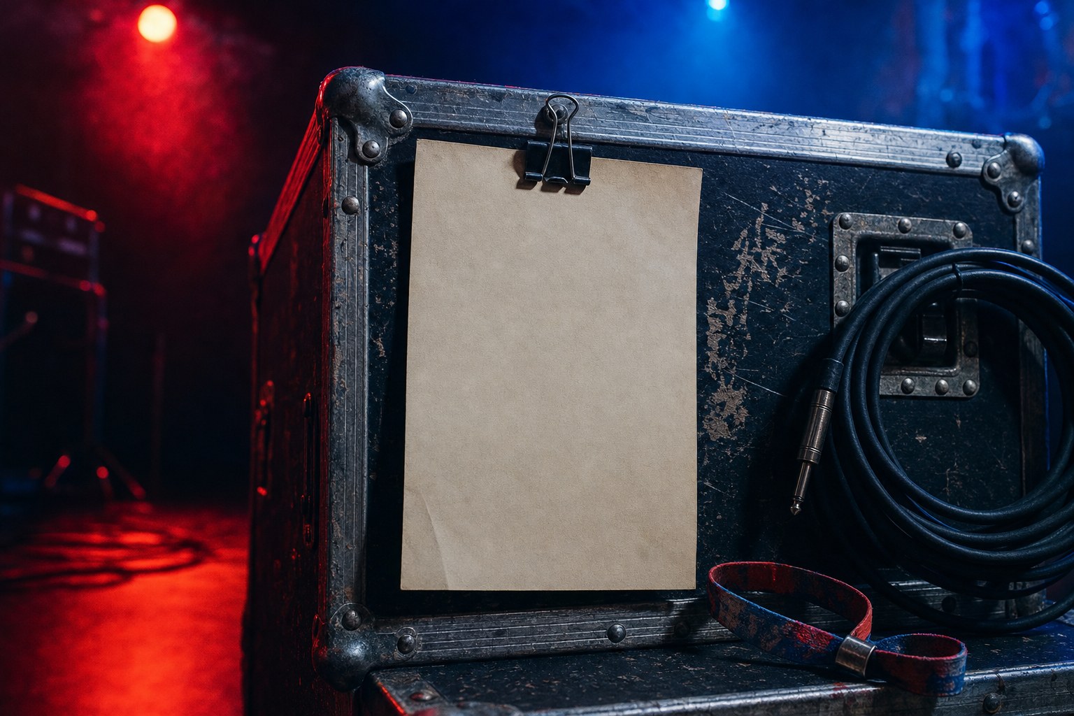 Handwritten blank setlist on a black road case beside a guitar cable