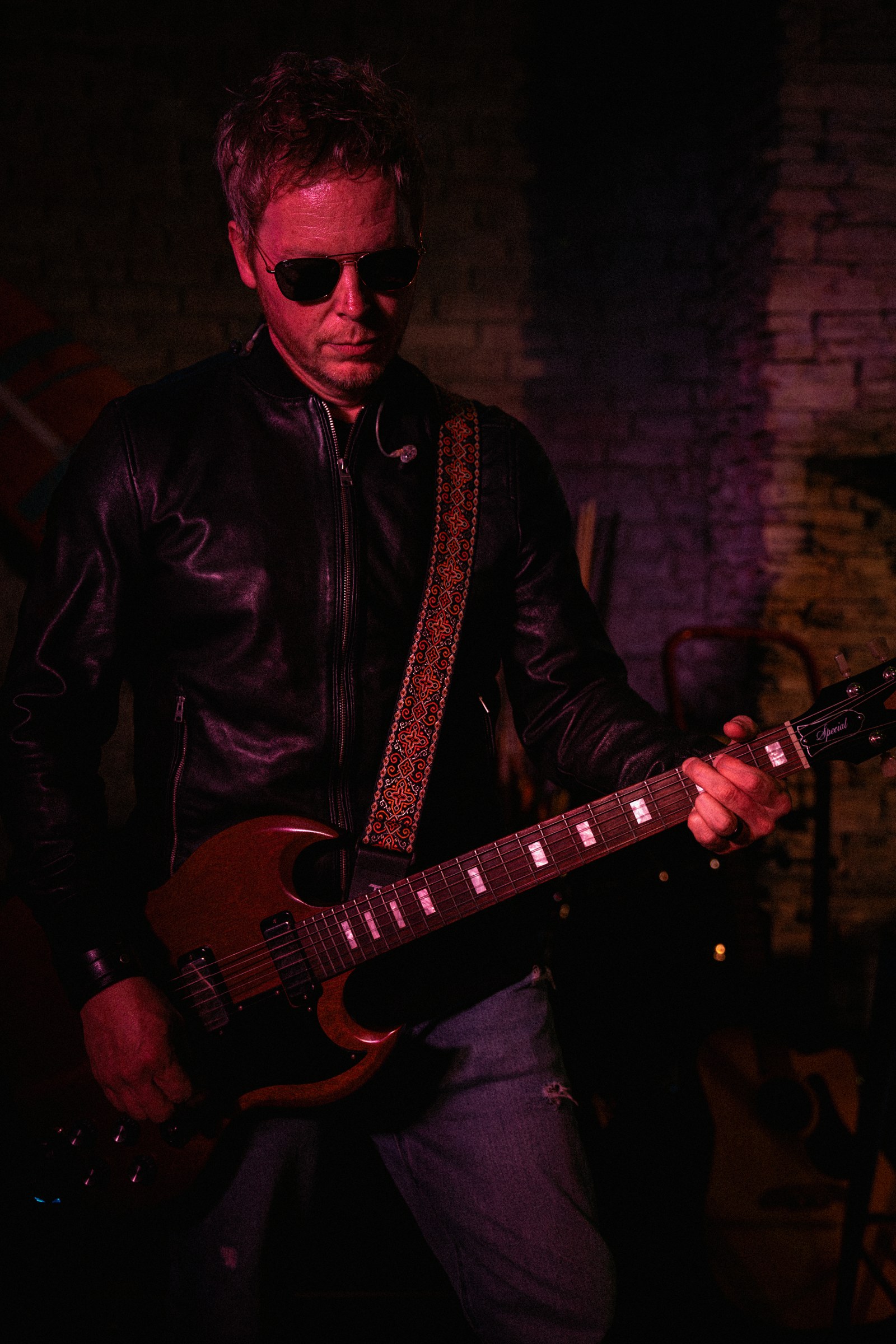Guitarist in sunglasses playing an electric guitar