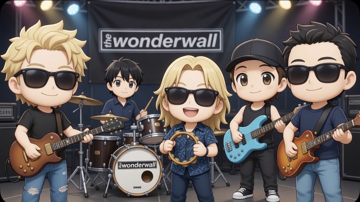 Color cartoon artwork of The Wonderwall performing on stage