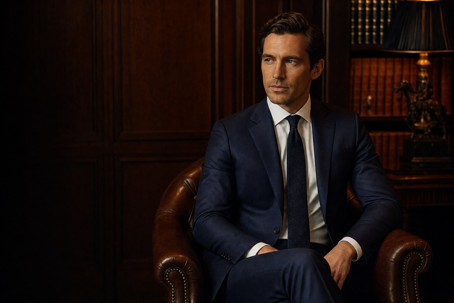 Man in a navy classic suit seated in a wood-paneled room