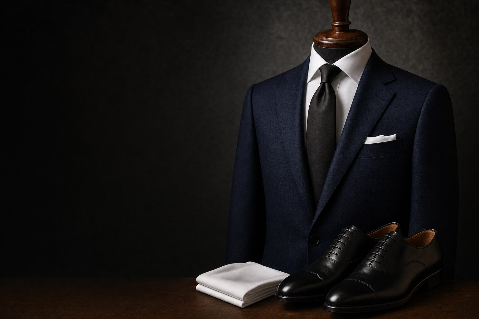 Navy tailored jacket, white shirt, tie and shoes arranged on a valet