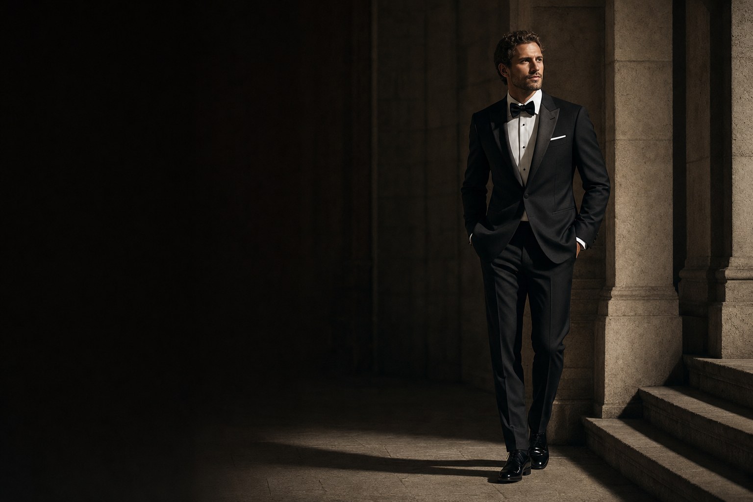 Man in a black tuxedo standing in a dramatic stone interior