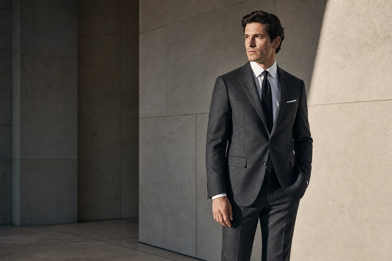 Man in a charcoal modern suit in a limestone interior