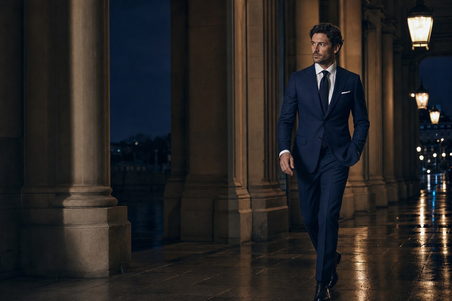 Man in a midnight blue suit walking through an evening colonnade