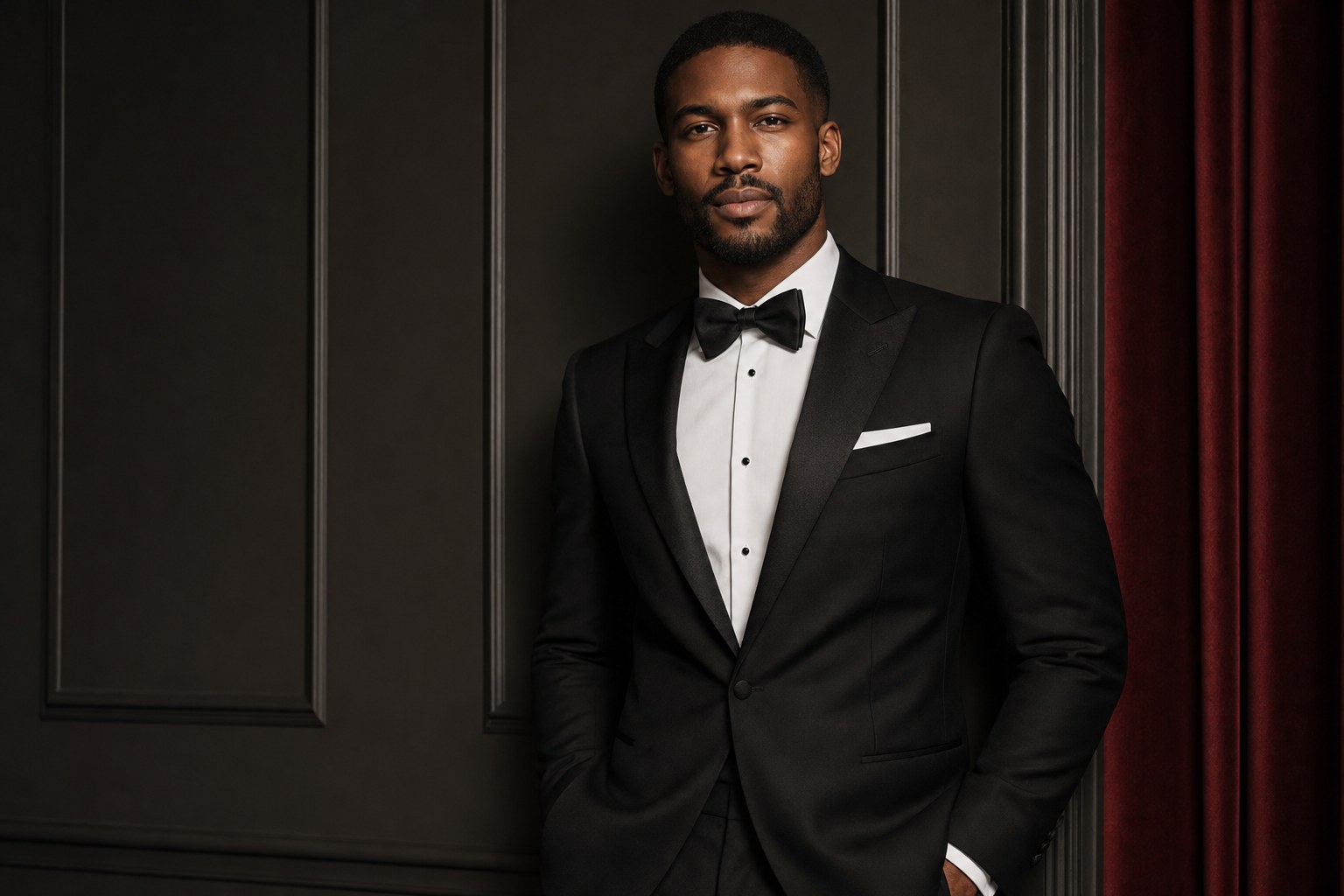 Man in a black tuxedo in a dark paneled room