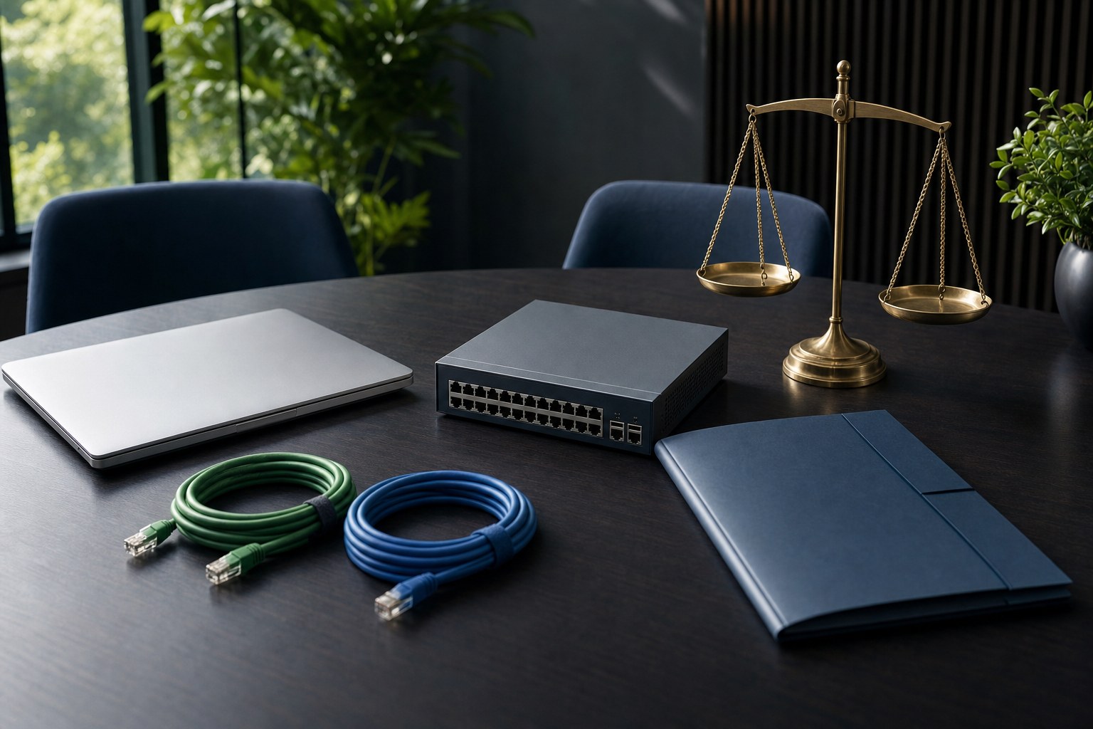 Technology procurement workspace with network equipment, supplier folder, and balance scale