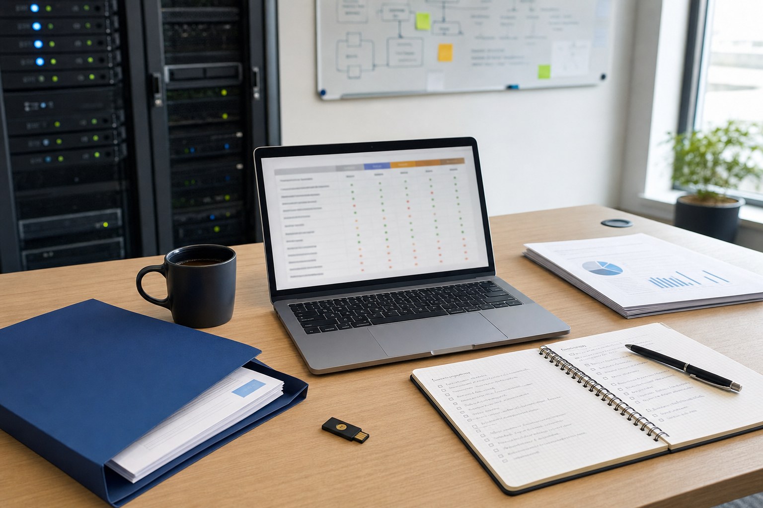 Software procurement workspace with vendor comparison, planning notes, and technology equipment
