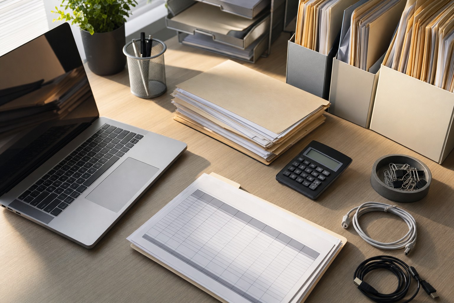 Technology inventory review with laptop, application records, and supporting equipment