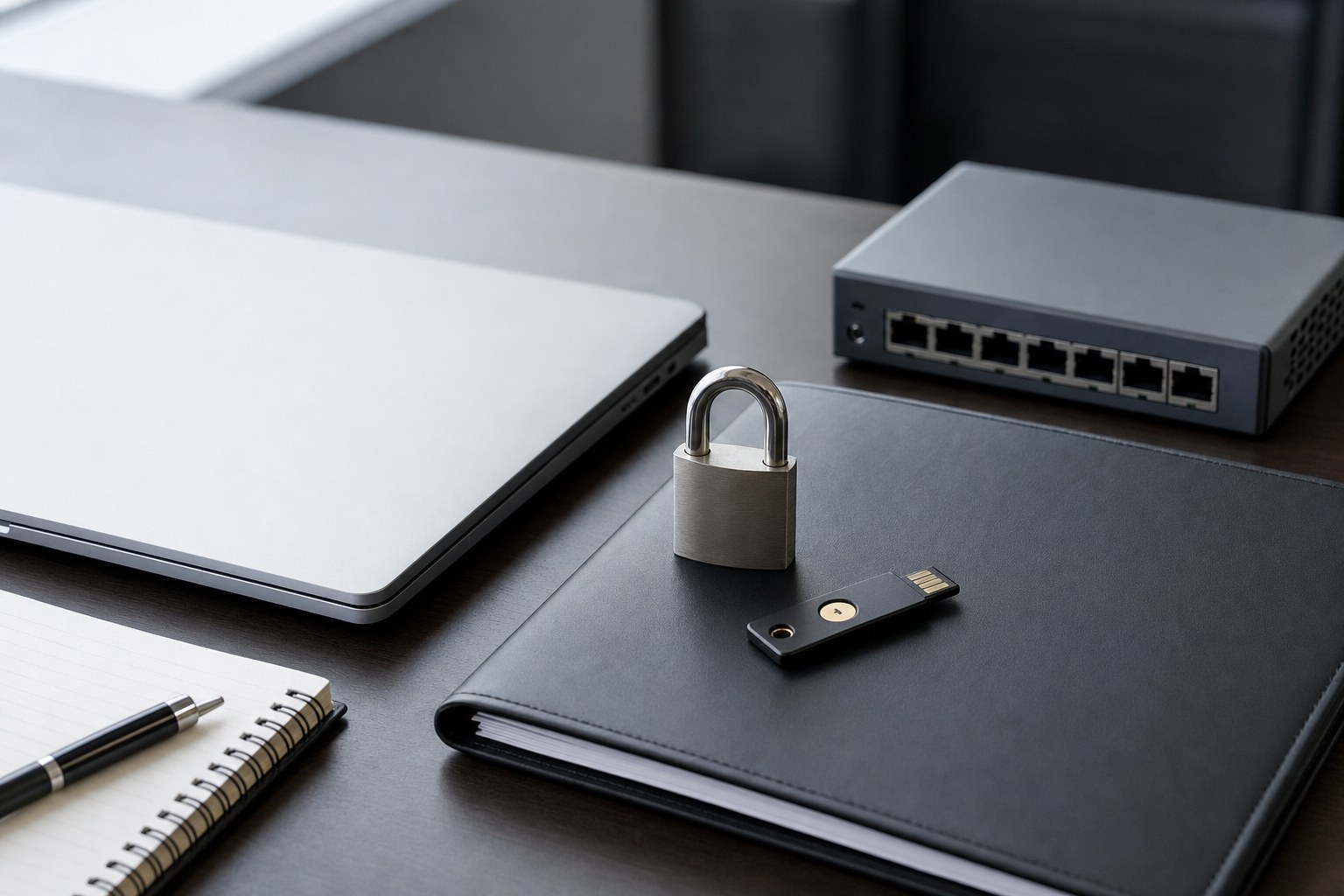 Security review workspace with laptop, network equipment, contract folder, and security key