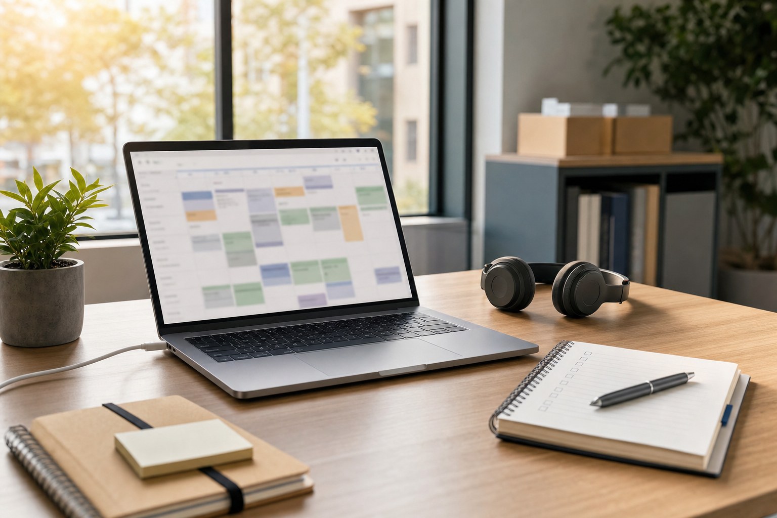 Software rollout planning workspace with calendar, checklist, laptop, and headset