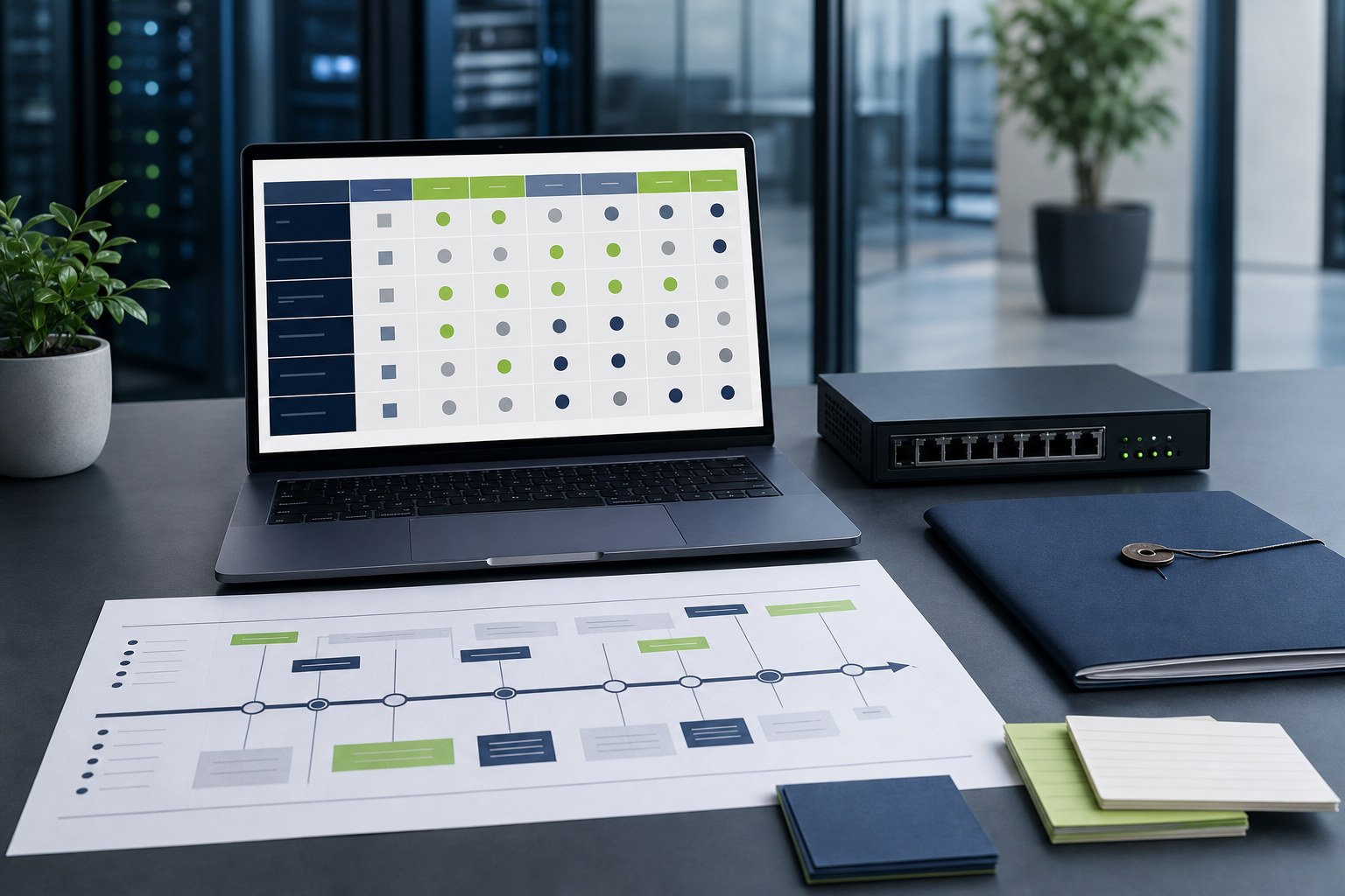 Software procurement planning workspace with a vendor comparison, roadmap, and network equipment