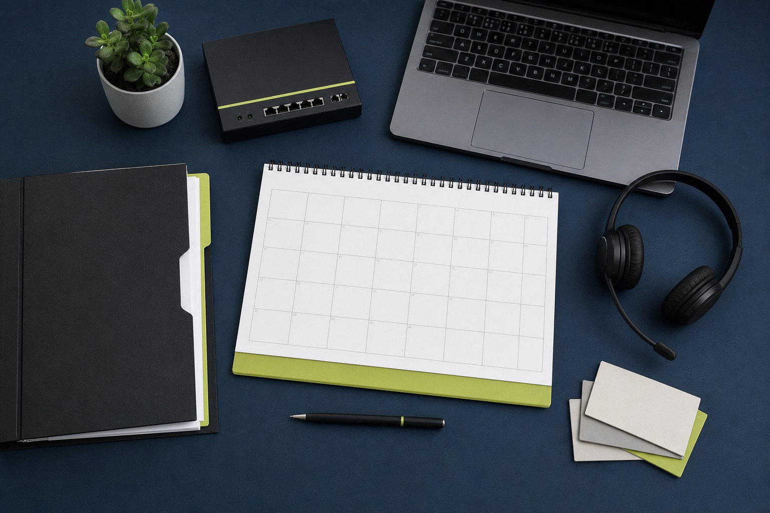 Contract lifecycle planning workspace with a calendar, laptop, headset, and network equipment