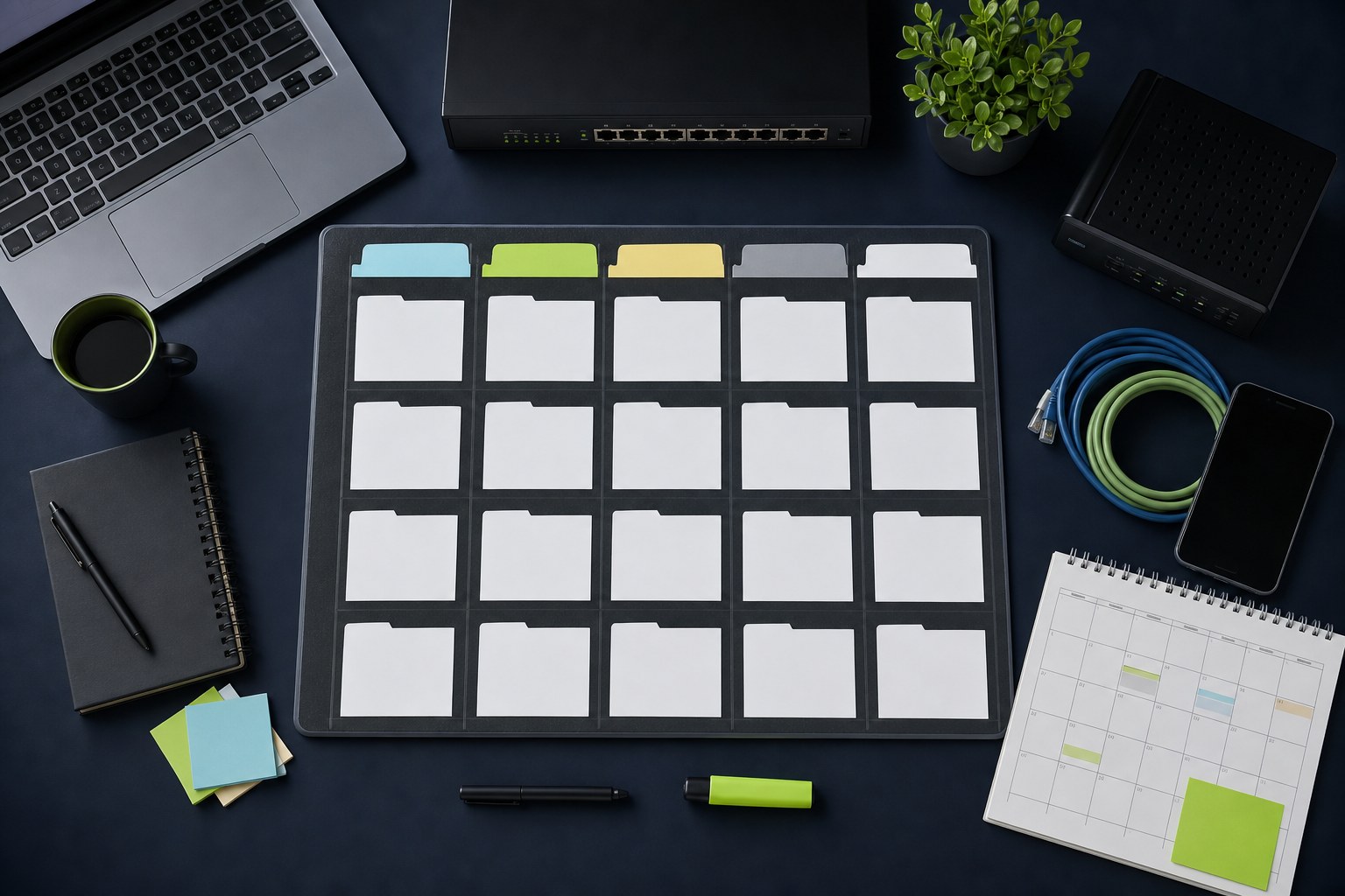 Technology portfolio planning board with a calendar, laptop, and network equipment