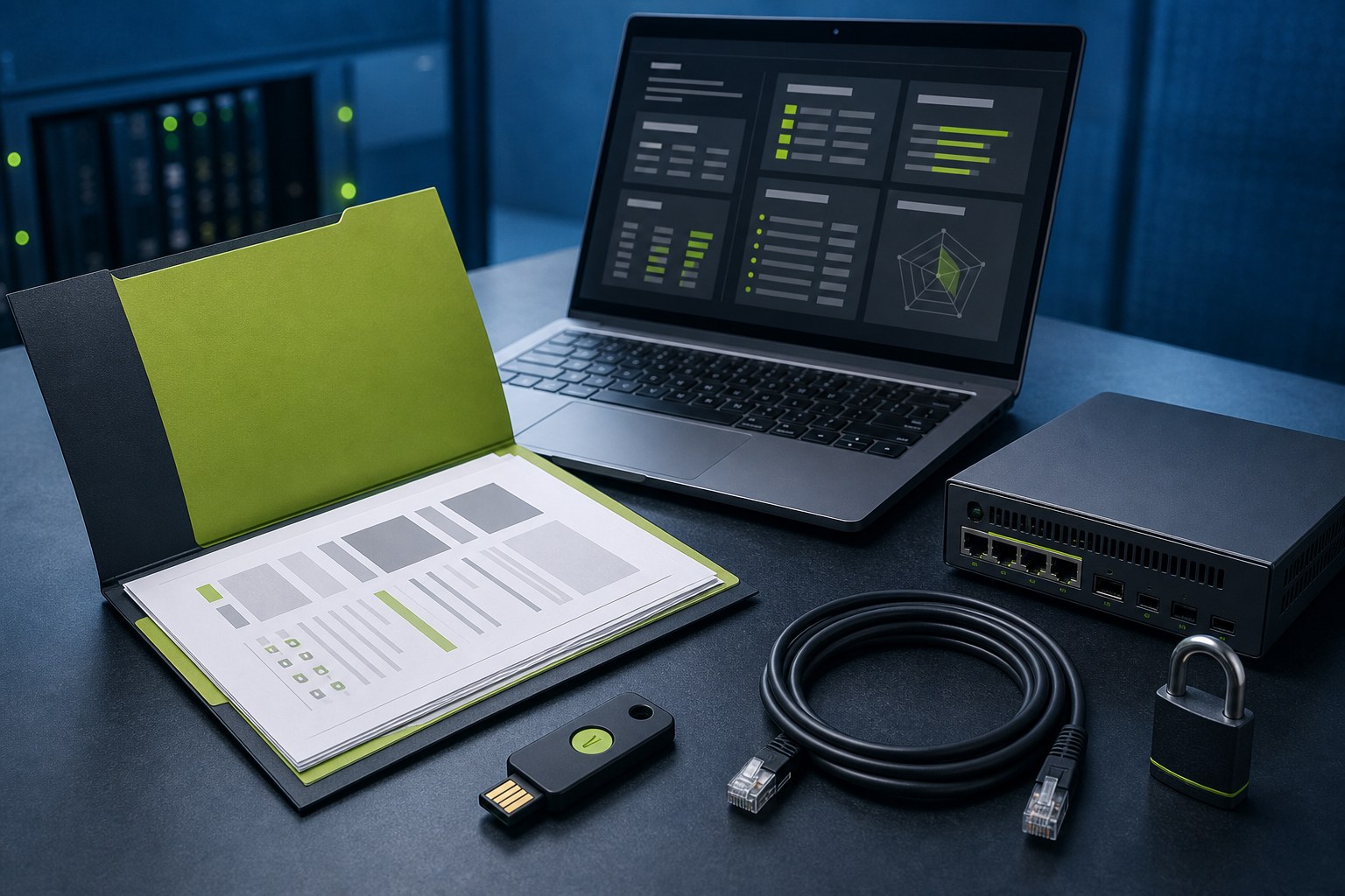 Software vendor risk review workspace with a secure folder, laptop, and network equipment