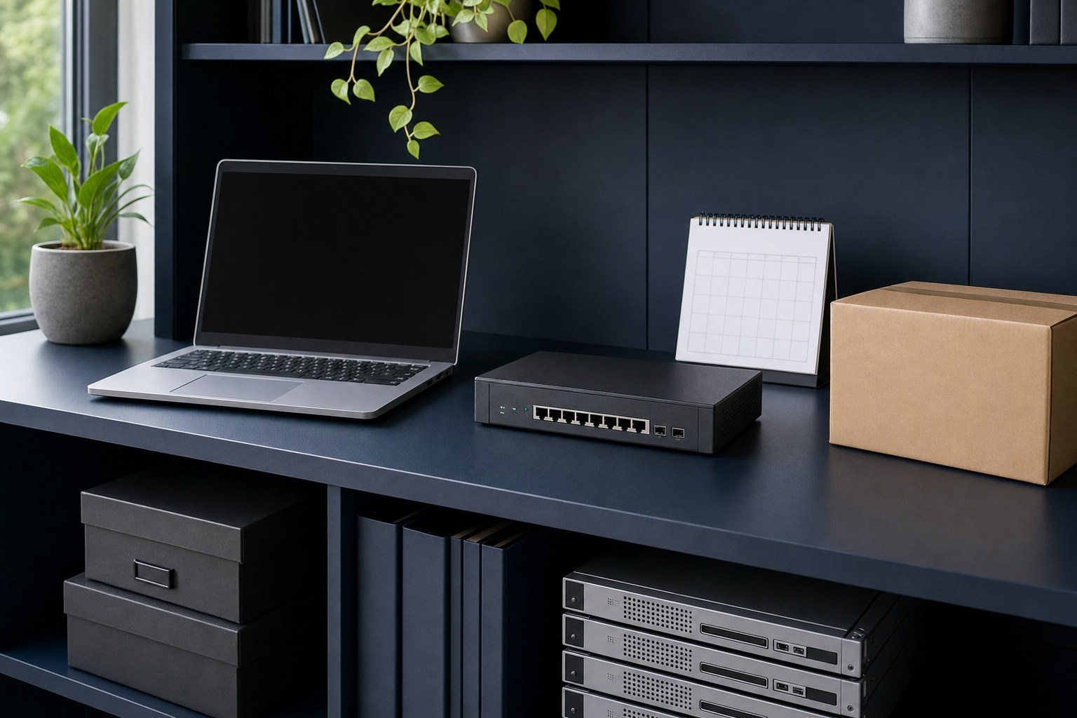 Organized technology shelf with laptop, network appliance, equipment box, and planning calendar