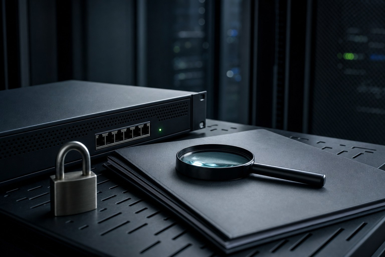 Technology vendor review workspace with security lock and contract folder