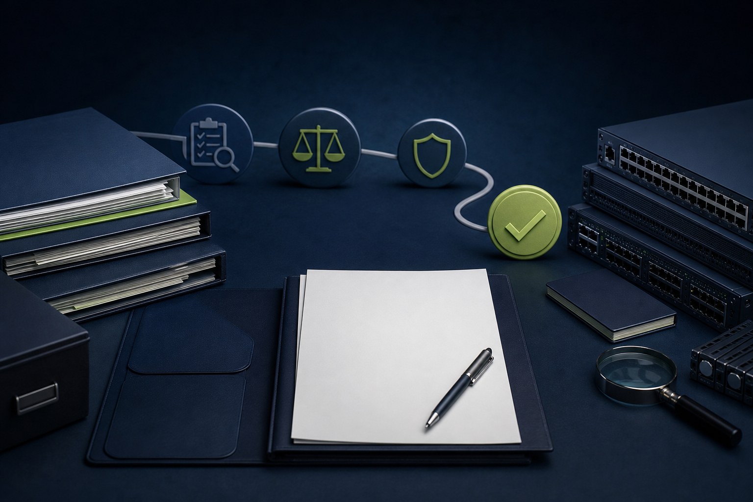 Vendor decision workspace with evidence folders, network hardware, and approval markers