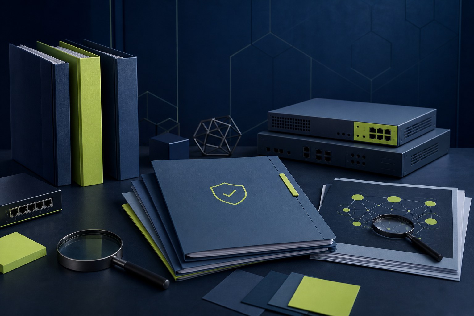 Vendor due diligence workspace with supplier folders, network equipment, and a security review document