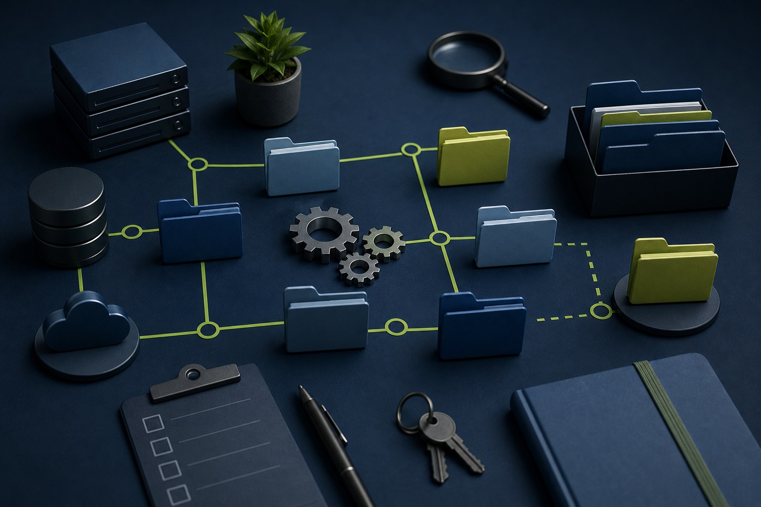 Technology transition planning map with folders, systems, and handoff dependencies