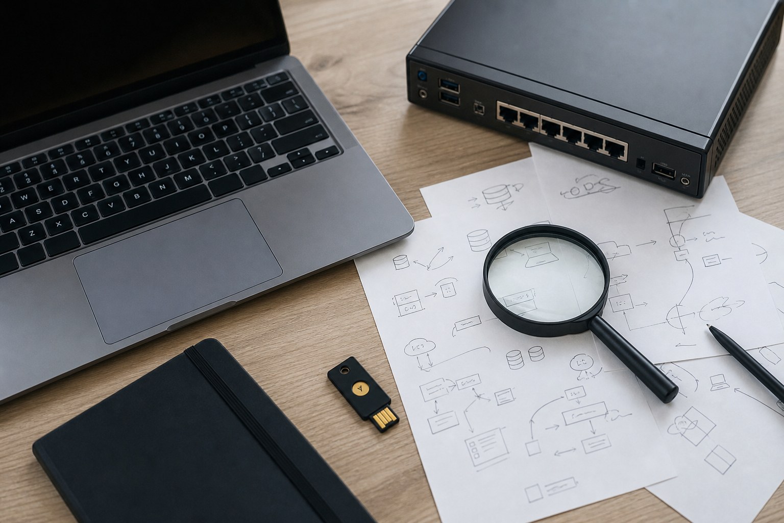 Technology vendor due diligence workspace with a laptop, network appliance, and security key