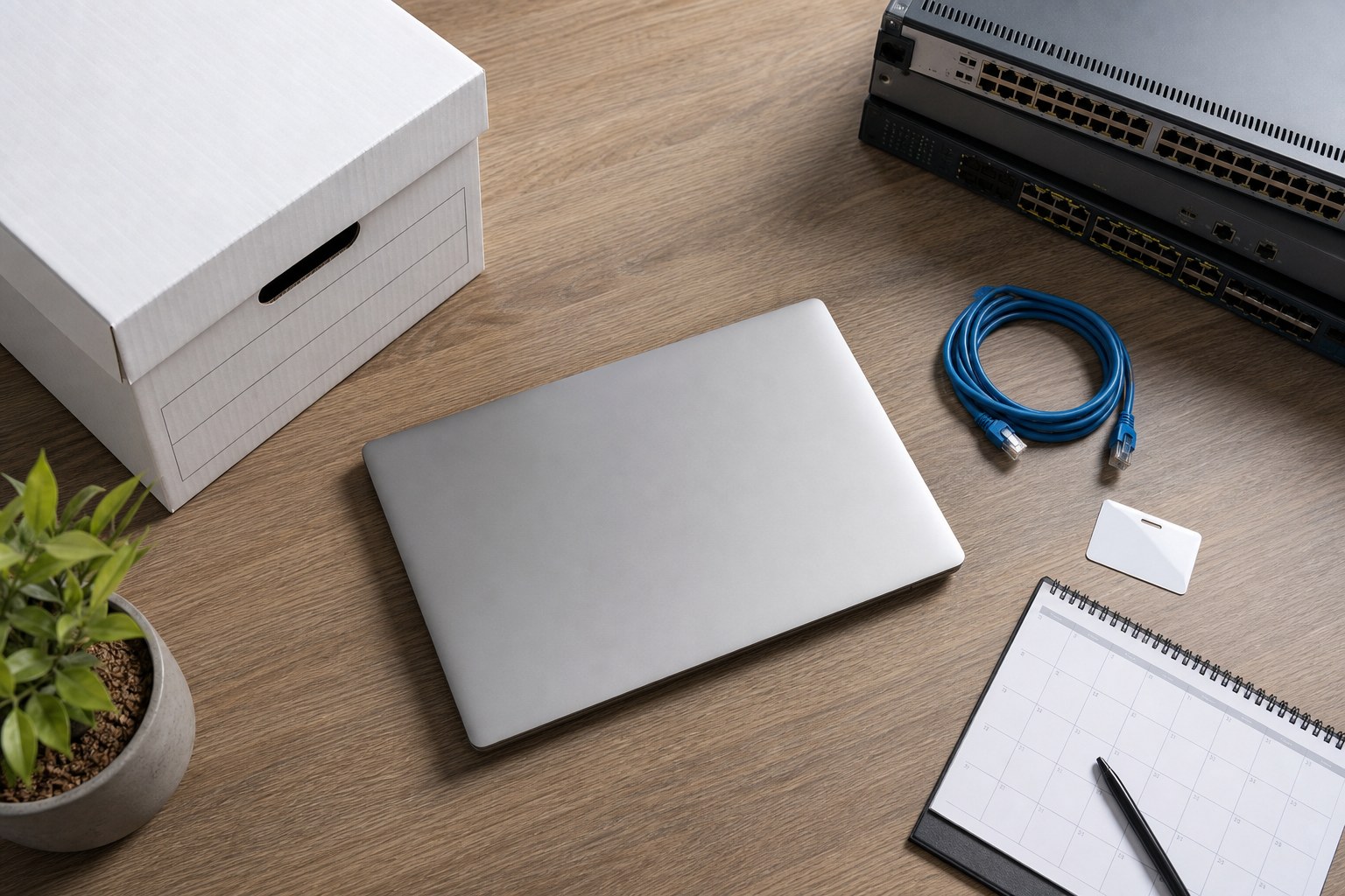 Orderly technology vendor transition workspace with archival storage, a laptop, calendar, and network equipment
