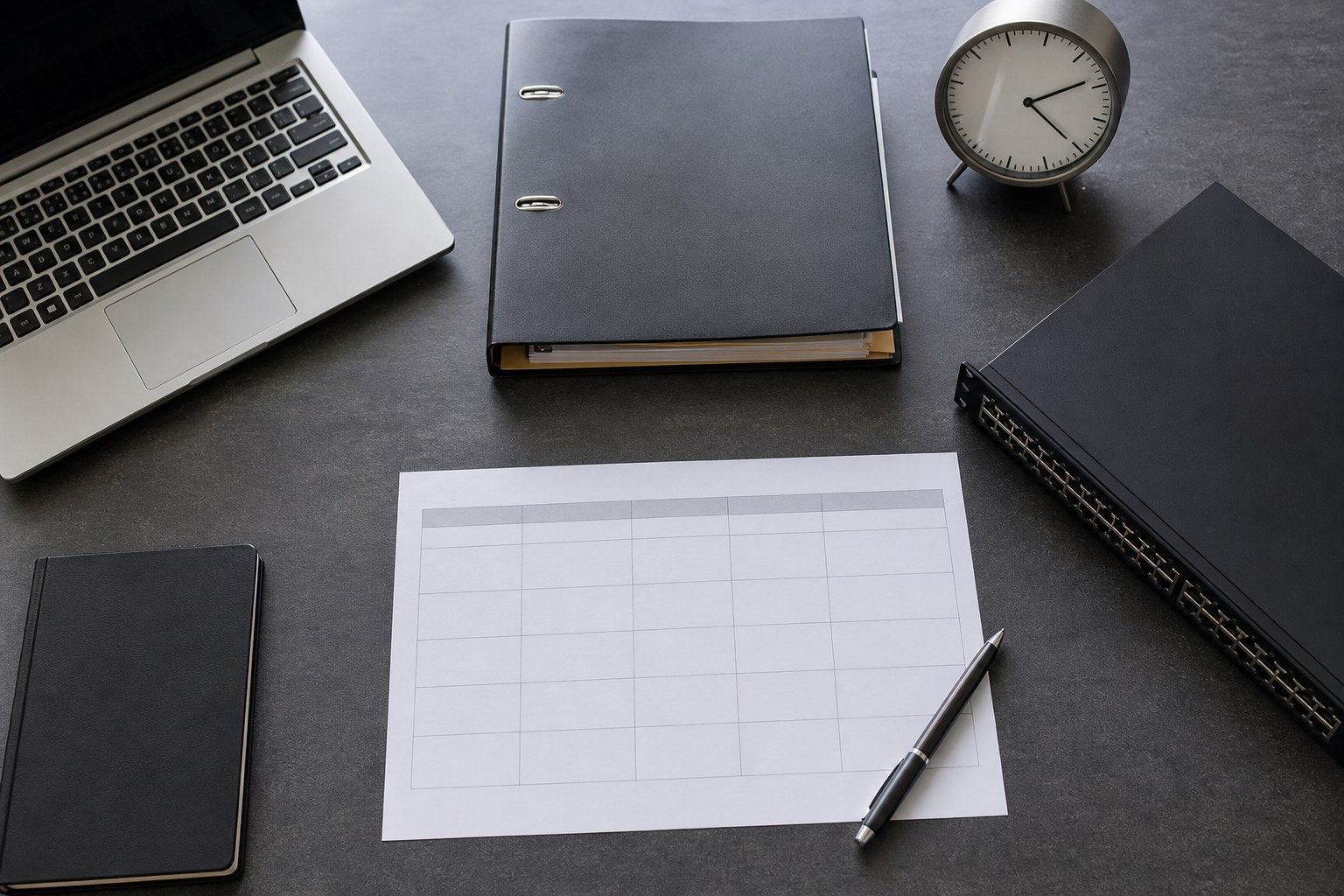 Vendor performance review workspace with an operational folder, scorecard, clock, and network switch