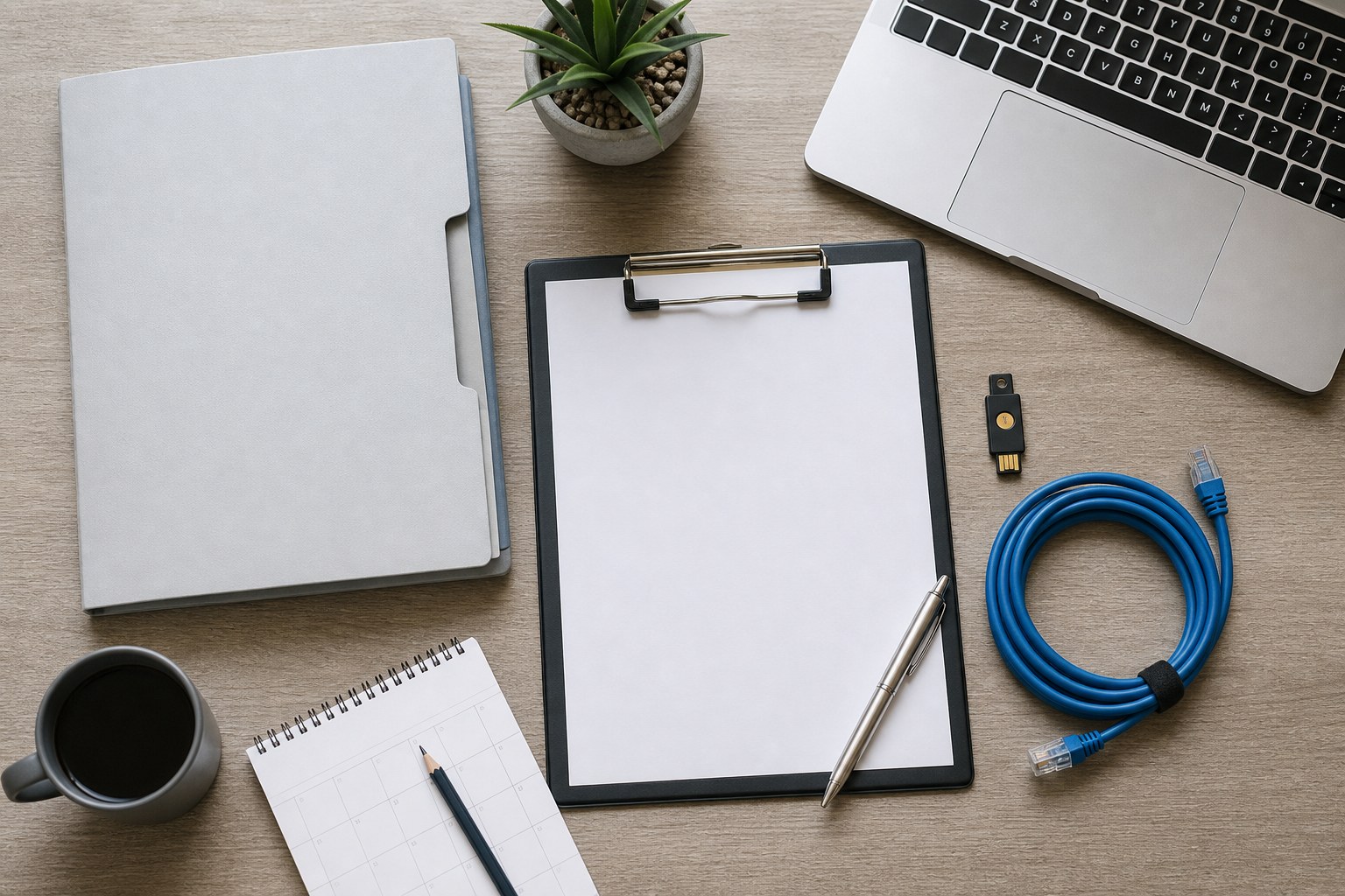 Technology supplier intake workspace with an evaluation checklist, laptop, calendar, and network cable
