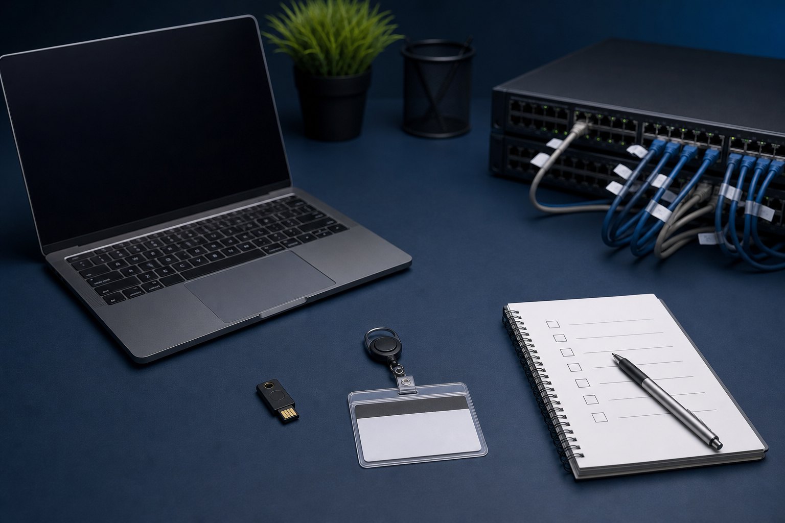 IT access removal workspace with security key, access badge, laptop, checklist, and network equipment