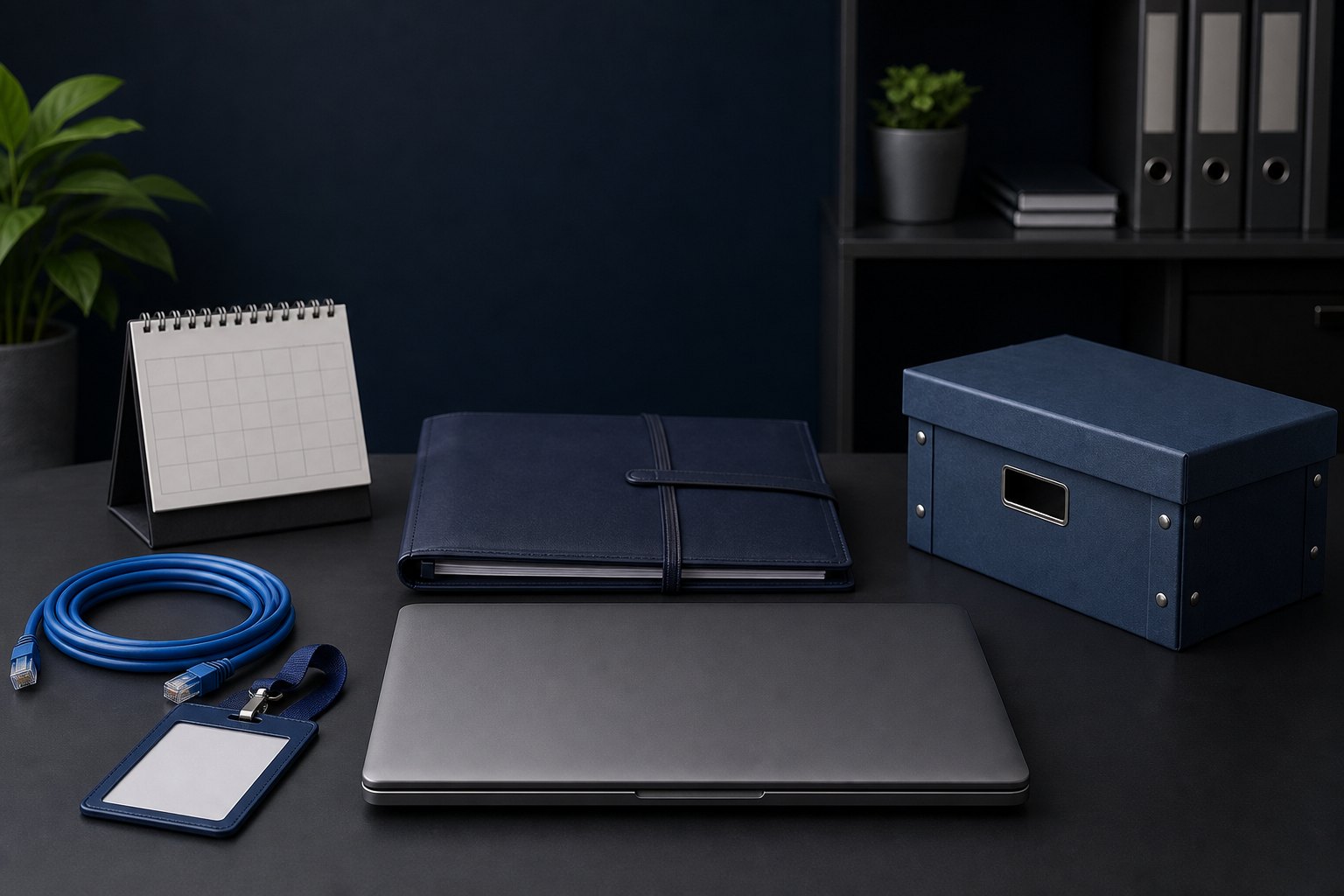 Organized technology vendor transition workspace with laptop, records folder, calendar, network cable, and archive box